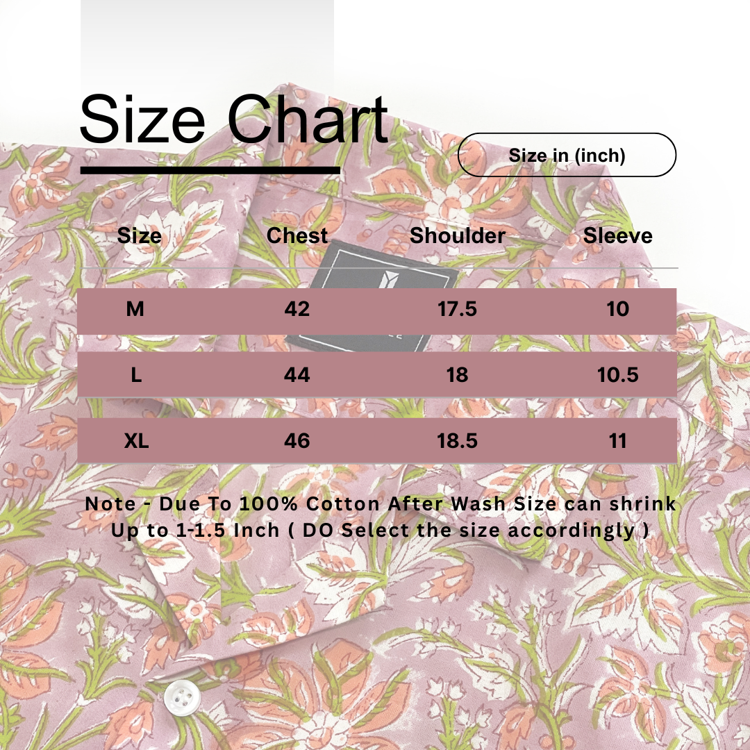 Men's Cuban Collar Shirt with Short Sleeves Handblock Print 100% Cotton