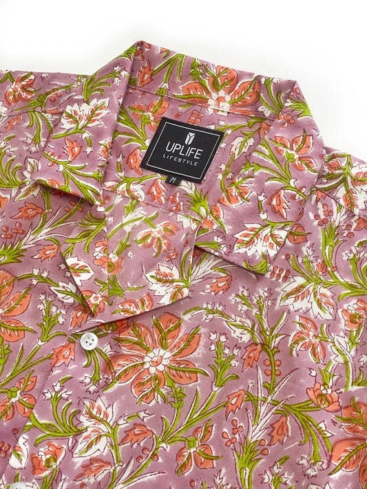 Men's Cuban Collar Shirt with Short Sleeves Handblock Print 100% Cotton