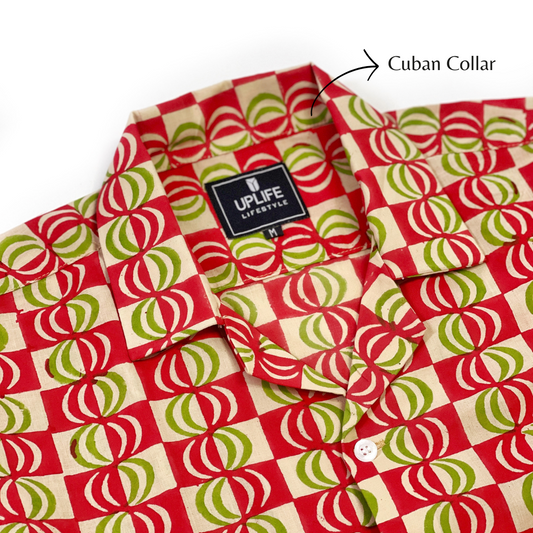 Cuban Collar Shirt with Short Sleeves Handblock Print 100% Cotton