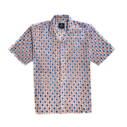 Men's Cuban Collar Shirt with Short Sleeves Handblock Print 100% Cotton