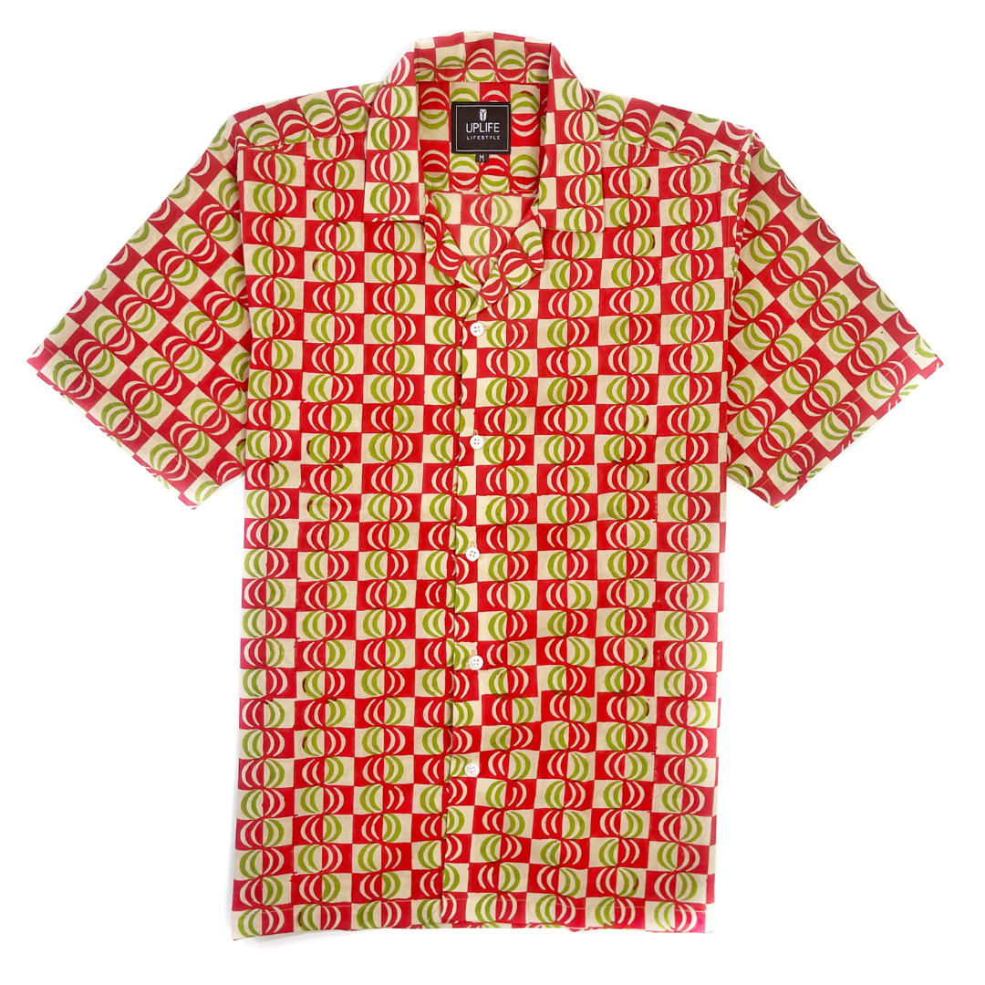 Cuban Collar Shirt with Short Sleeves Handblock Print 100% Cotton