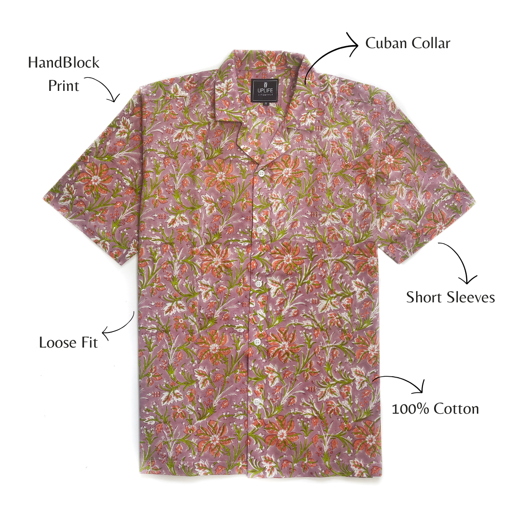 Men's Cuban Collar Shirt with Short Sleeves Handblock Print 100% Cotton