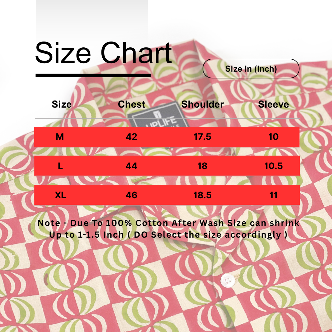 Cuban Collar Shirt with Short Sleeves Handblock Print 100% Cotton