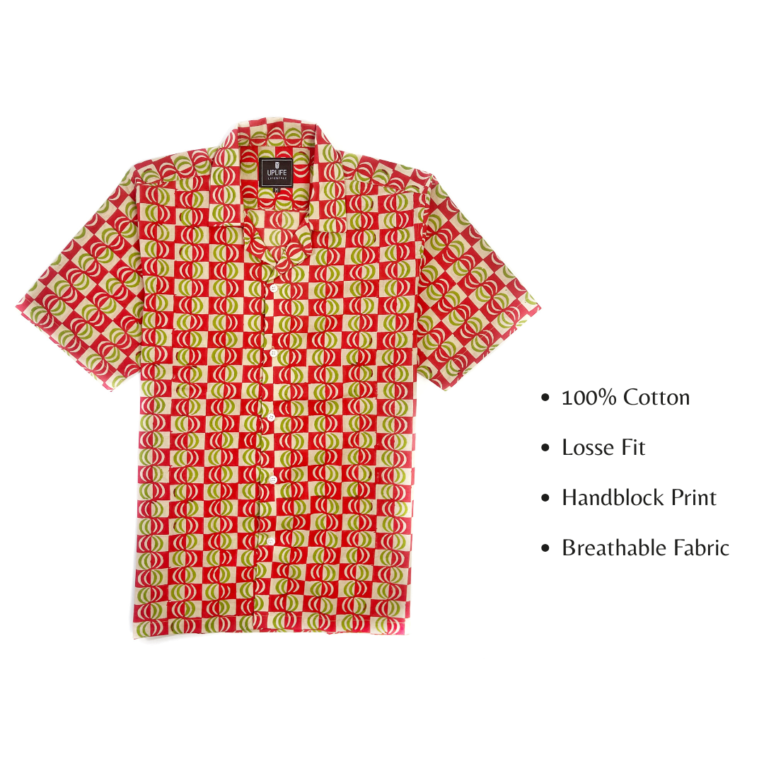 Cuban Collar Shirt with Short Sleeves Handblock Print 100% Cotton