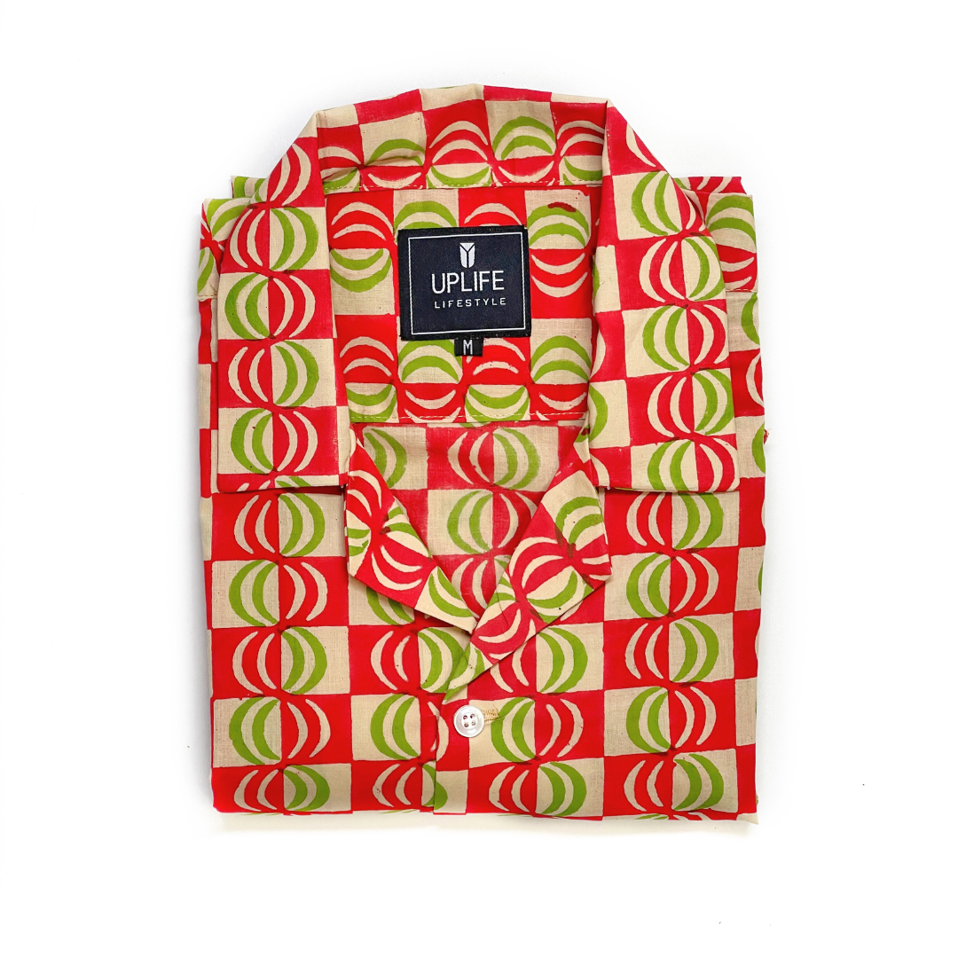 Cuban Collar Shirt with Short Sleeves Handblock Print 100% Cotton