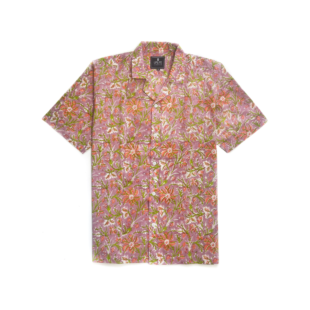 Men's Cuban Collar Shirt with Short Sleeves Handblock Print 100% Cotton