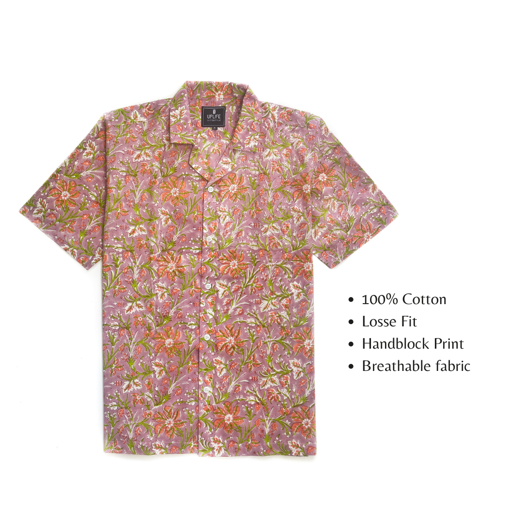 Men's Cuban Collar Shirt with Short Sleeves Handblock Print 100% Cotton
