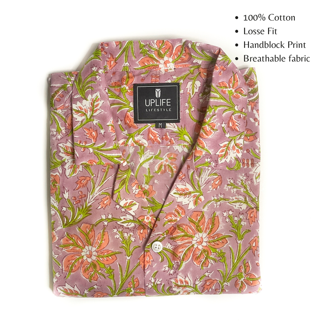 Men's Cuban Collar Shirt with Short Sleeves Handblock Print 100% Cotton