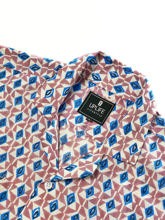 Men's Cuban Collar Shirt with Short Sleeves Handblock Print 100% Cotton